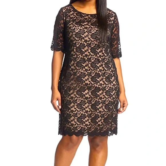 Connected Apparel Plus Womens Lace Sheer Party Dress, Black/Gold
